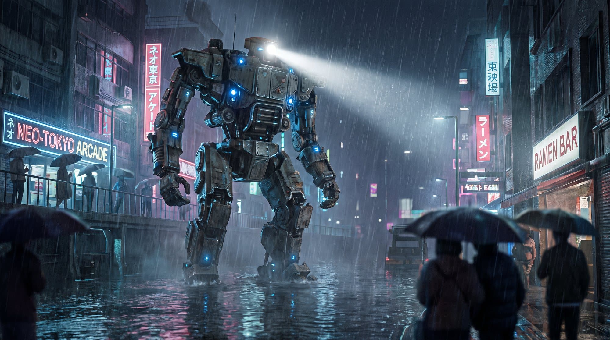 A four-storey mech robot walking through a flooded neon street