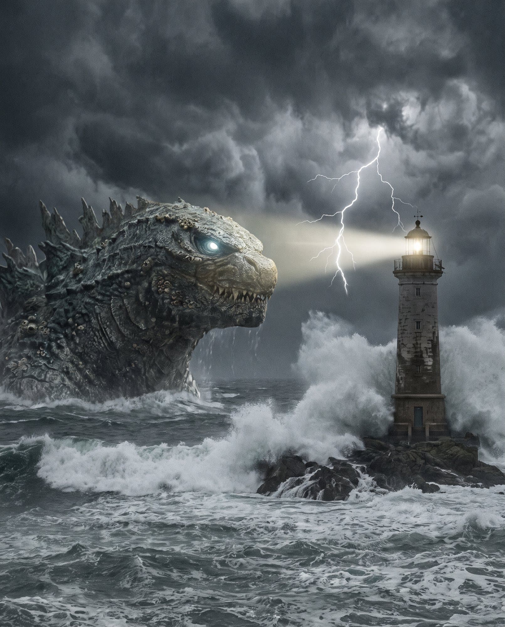 A glowing sea monster rising beside a lighthouse in a storm