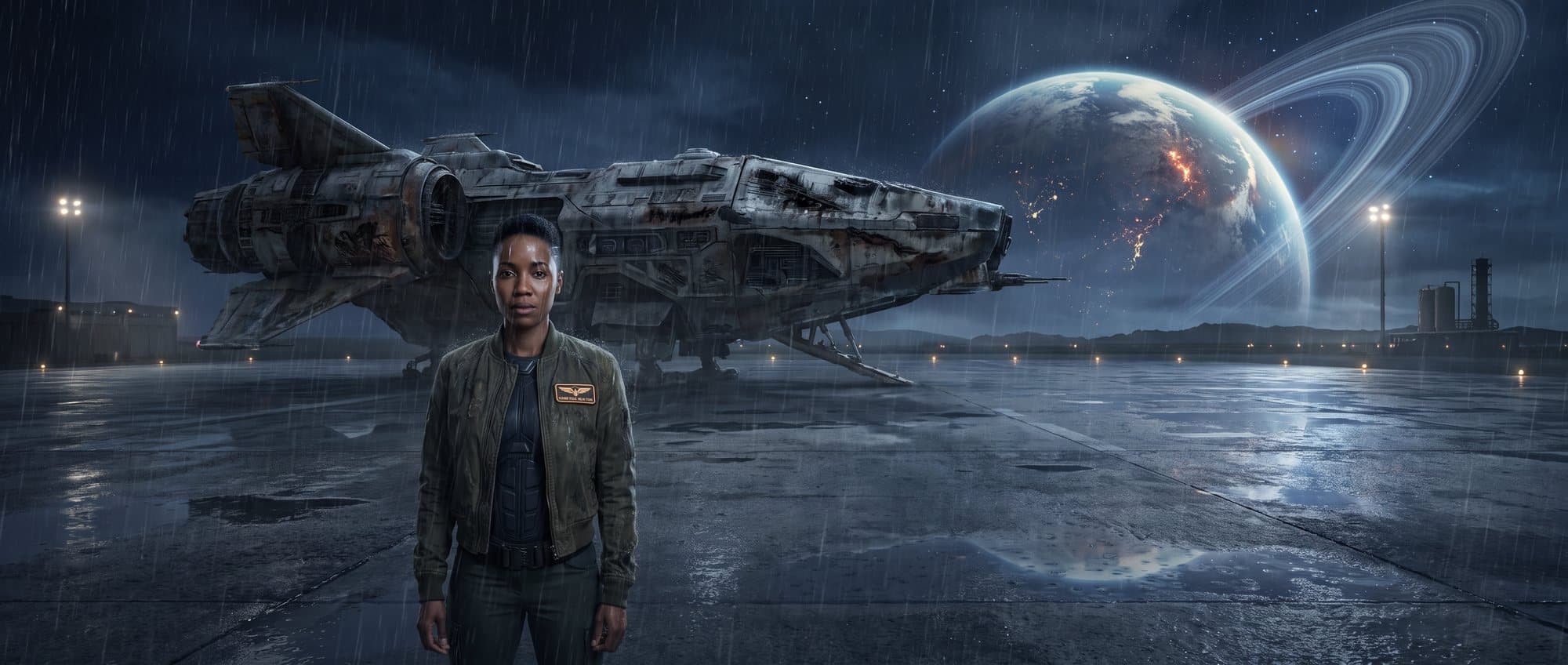 A starship pilot alone on a landing pad in the rain under a ringed planet