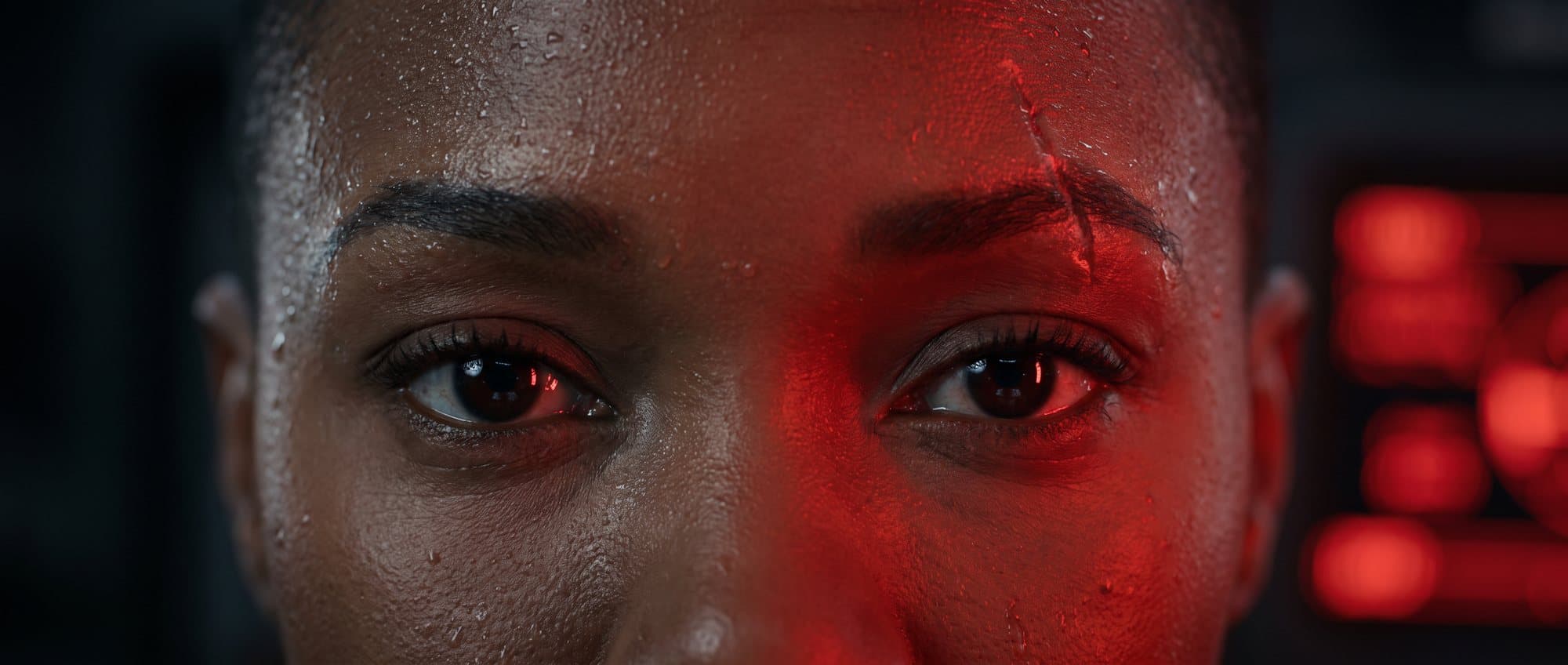 Close on the pilot's eyes and scarred eyebrow under a red warning light