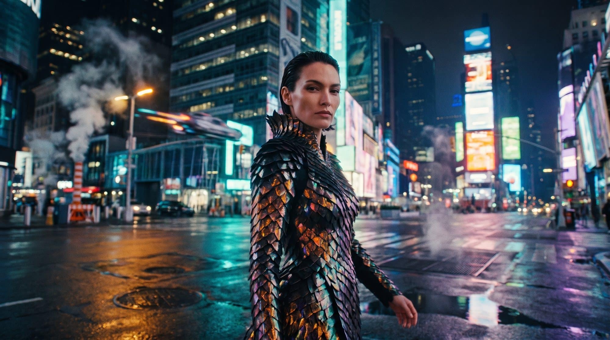 The same shot with the model in a dragon-scale couture gown