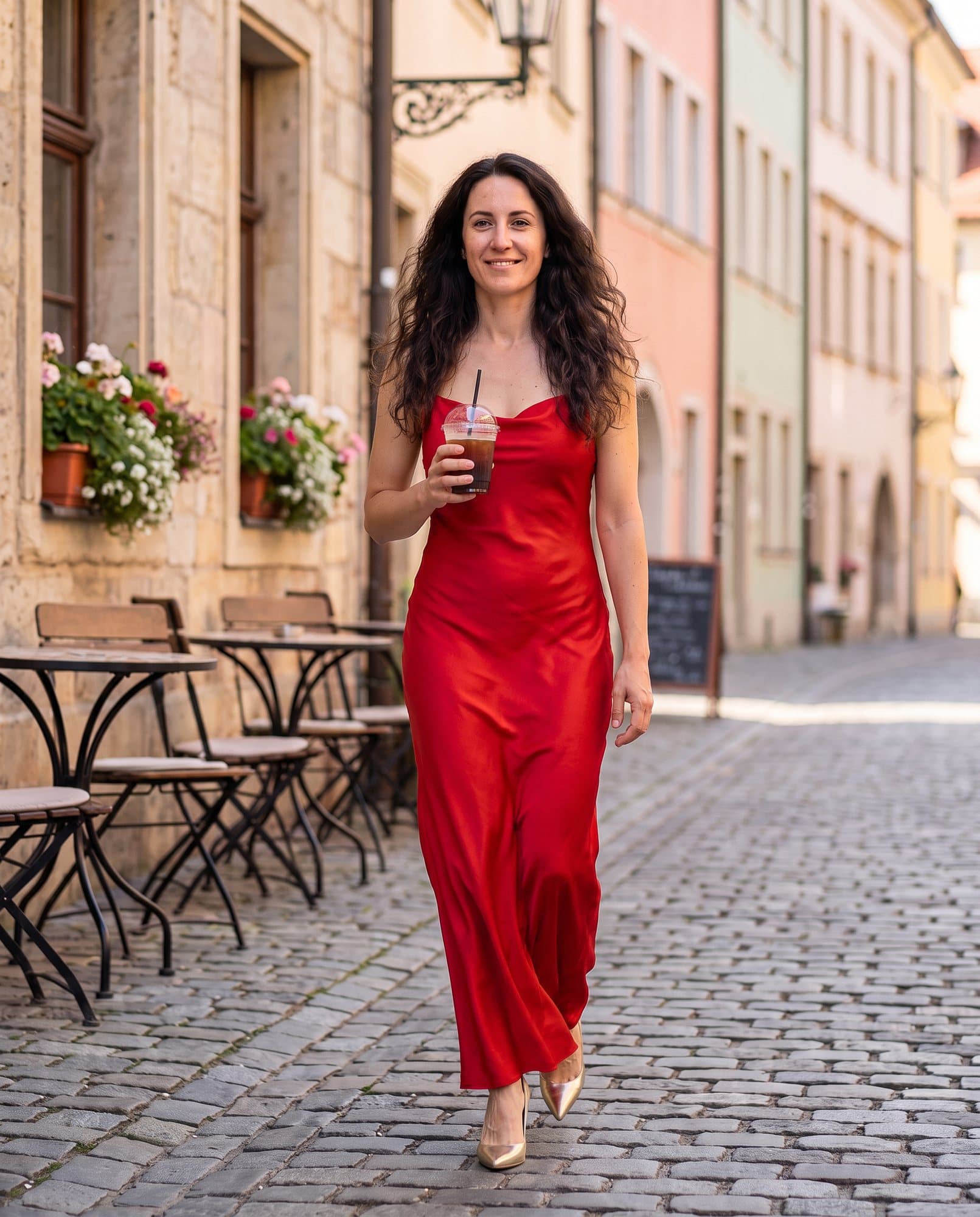 Swapped: A woman on a sunny cobblestone street, now in a red silk evening gown instead of a t-shirt and jeans