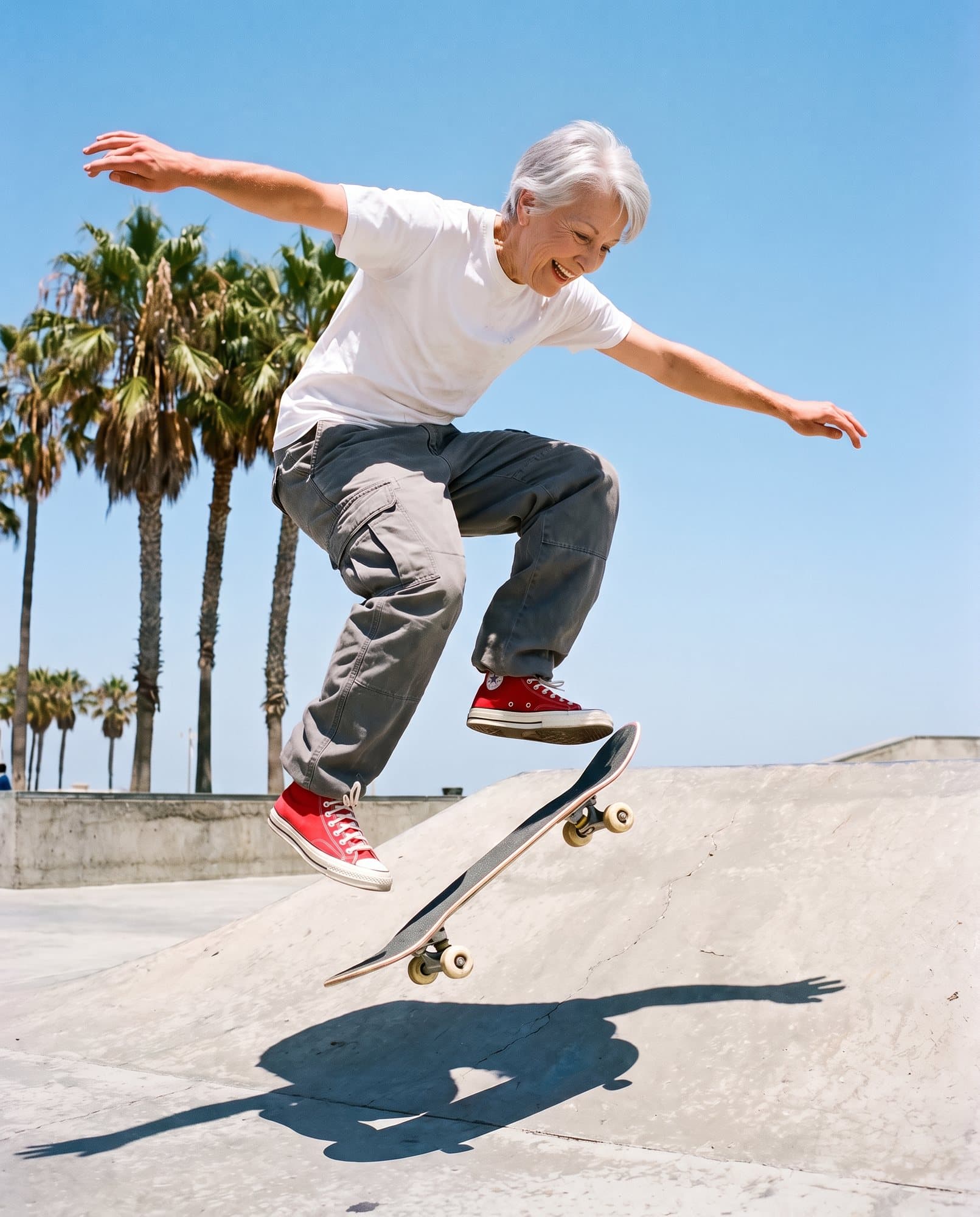 Swapped: A silver-haired grandmother doing a kickflip at a sunny skatepark, swapped in for a young skater