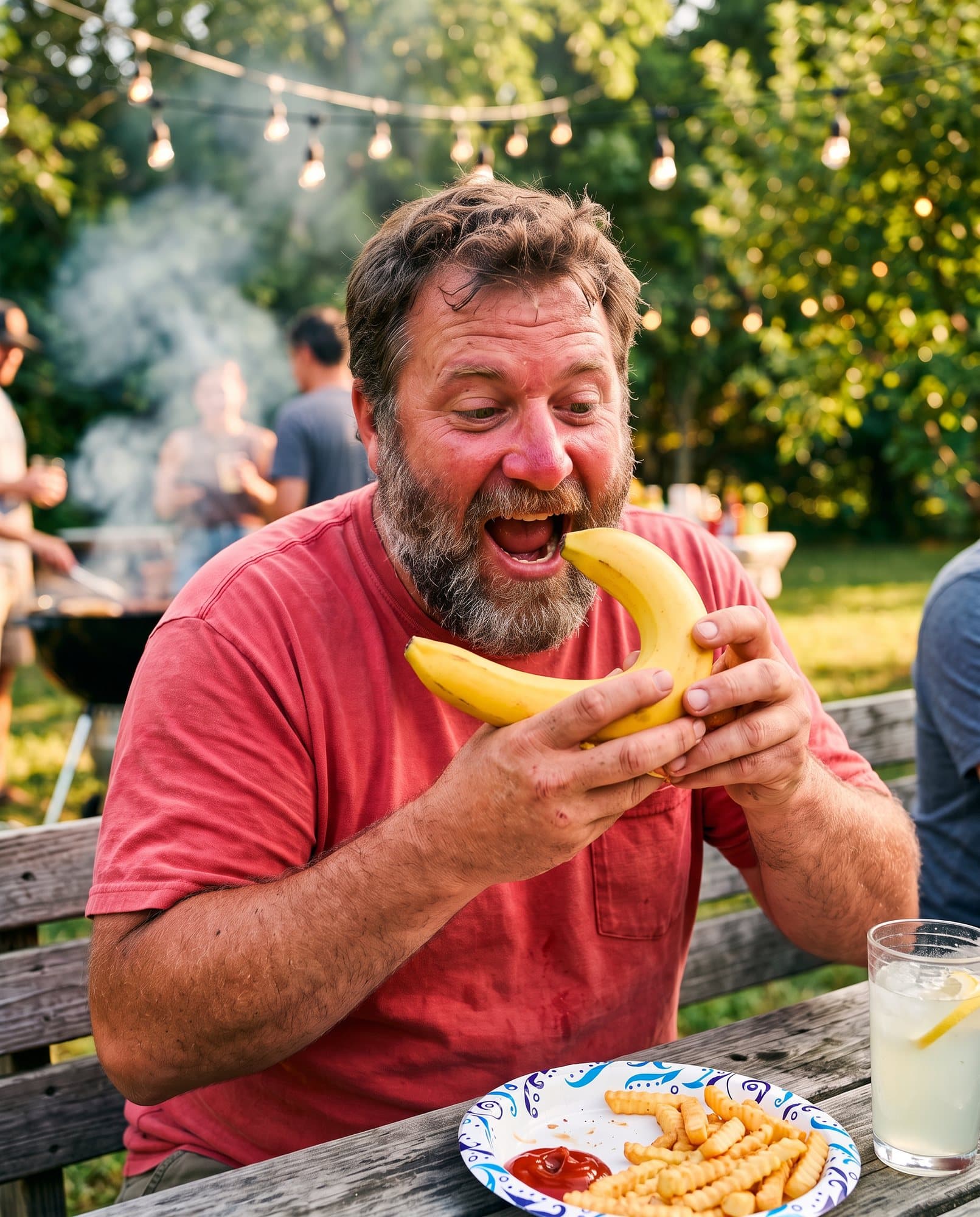 Swapped: A man at a sunny backyard barbecue about to bite a banana instead of a cheeseburger